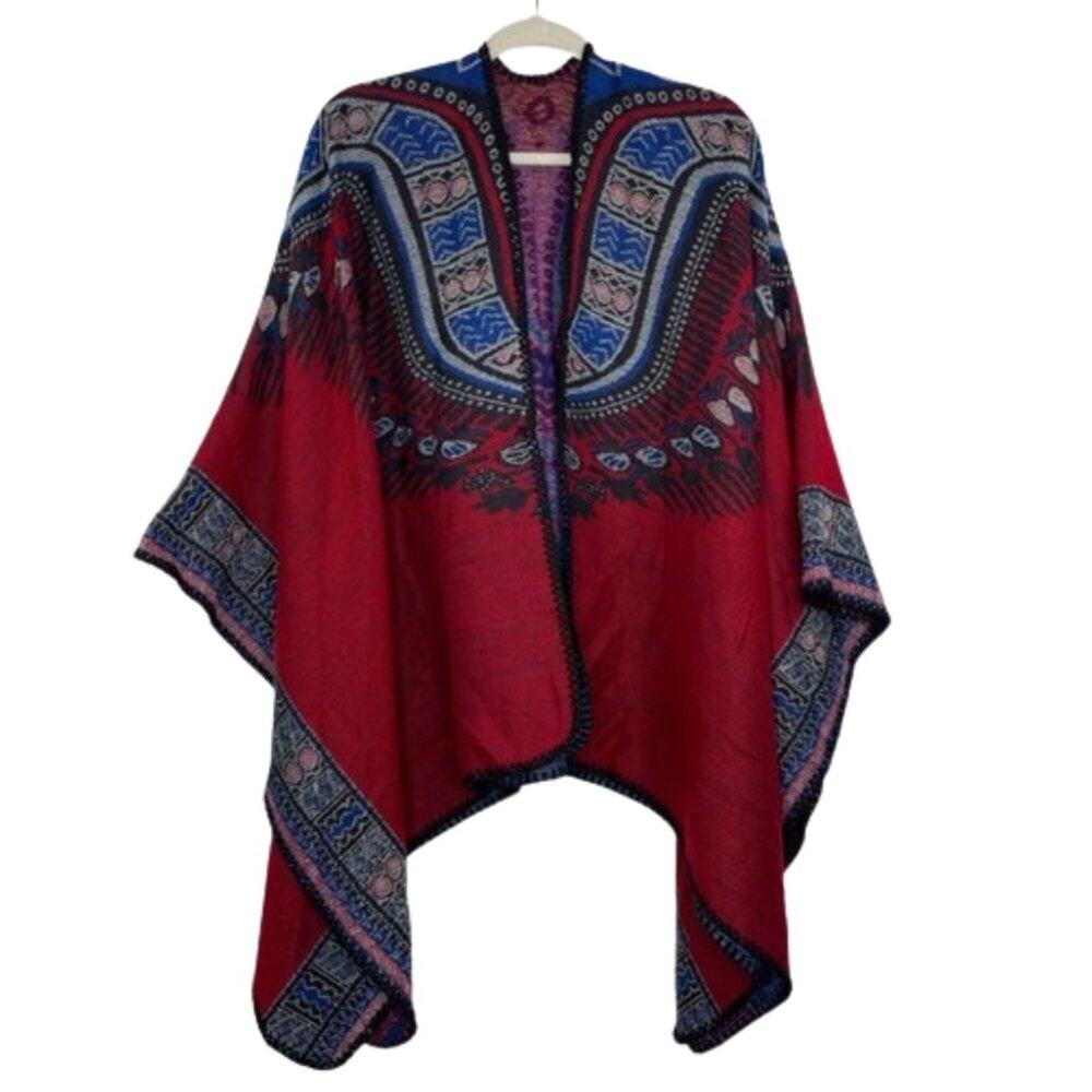 Unbranded red/blue knitted open poncho One Size